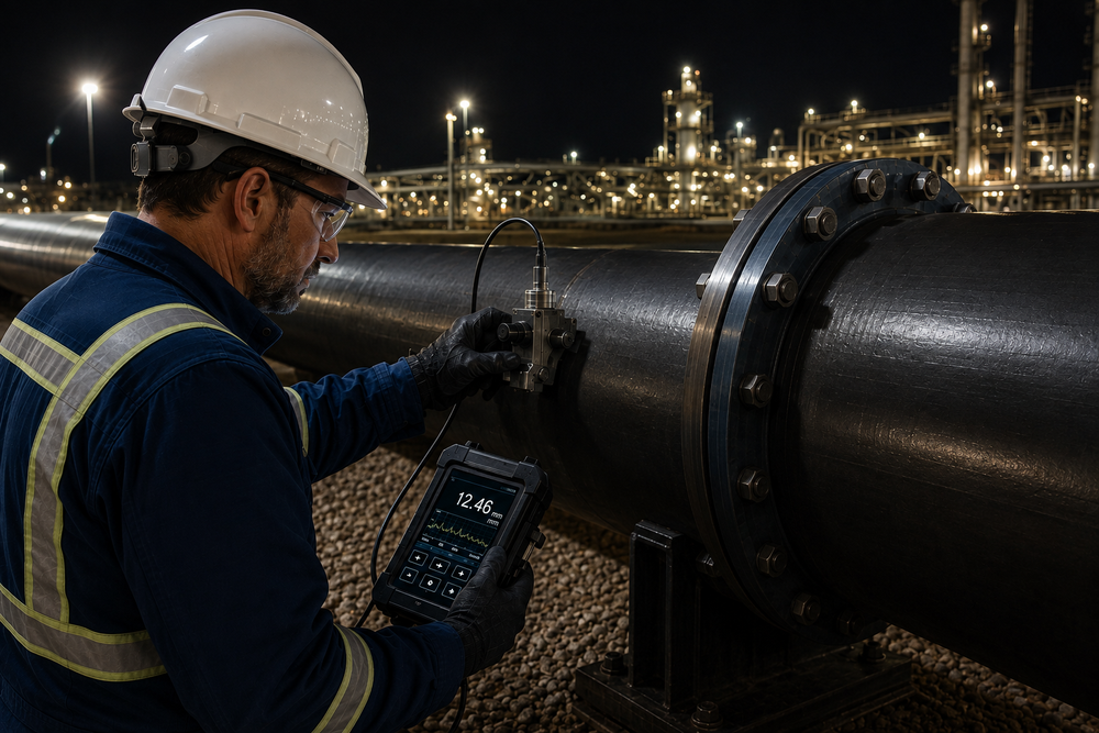 A Winda engineer taking a UT thickness reading on a pipeline