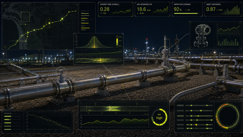 Winda integrity dashboards overlaid on a live pipeline