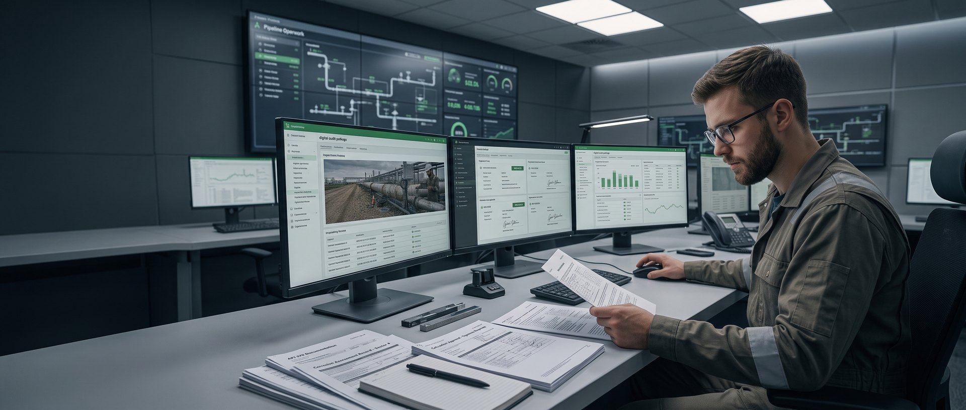 Integrity engineer assembling a digital audit package at a pipeline control-room desk