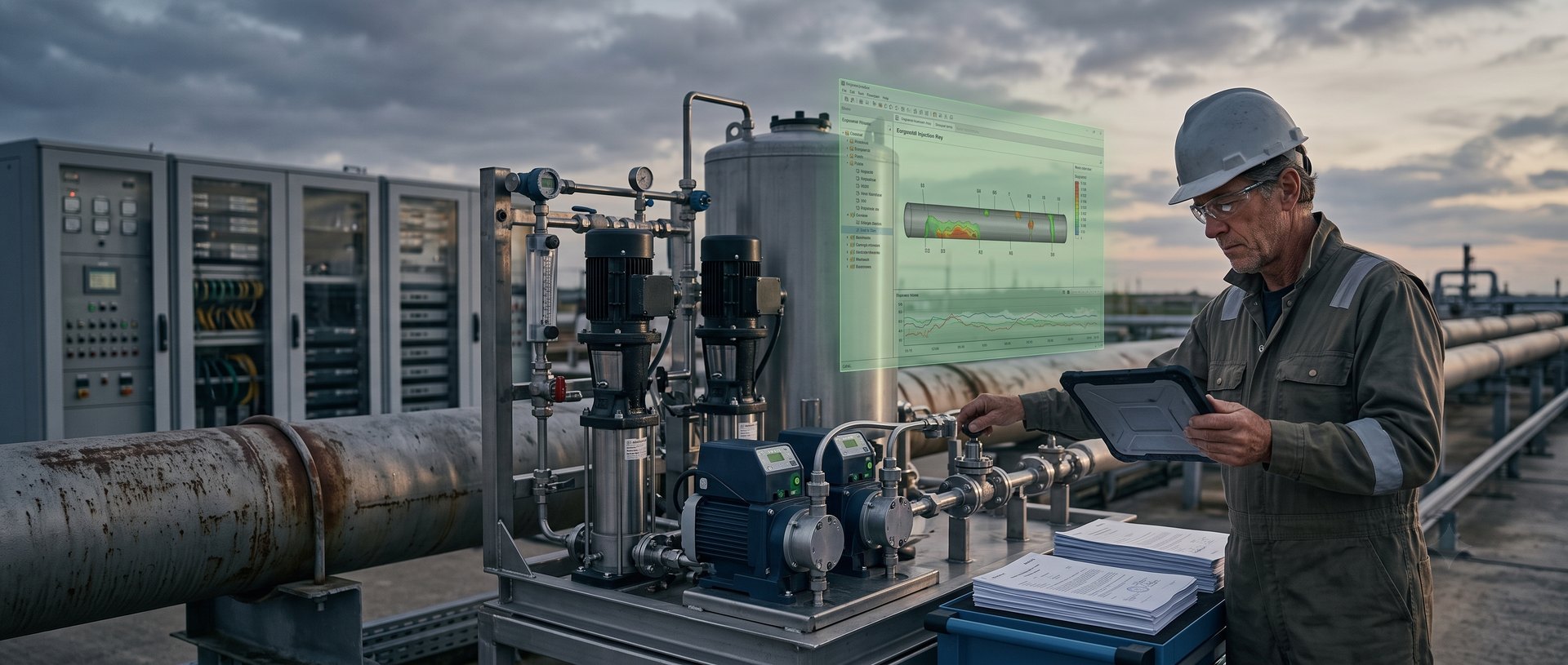 Engineer tuning a chemical injection skid against a live dose-response readout