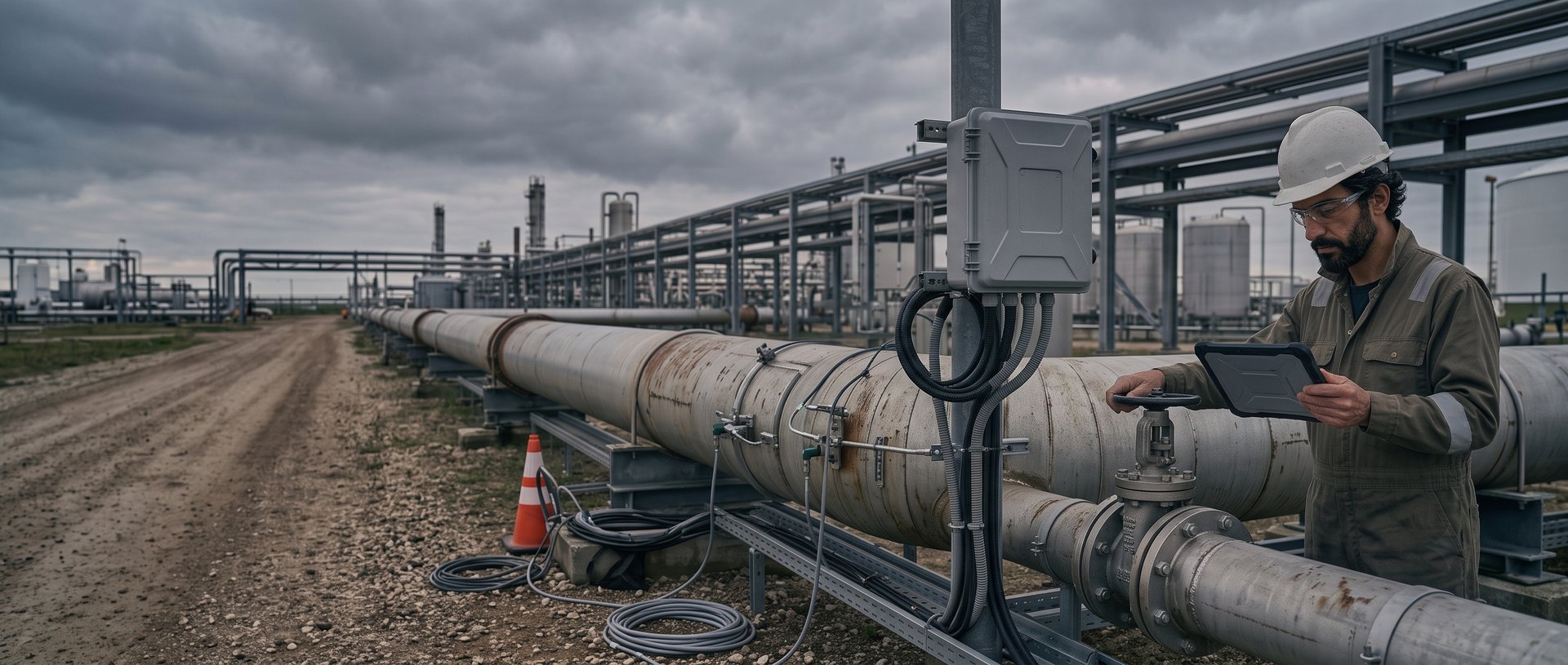 Engineer checking live corrosion sensors wired to a pipeline at a processing facility