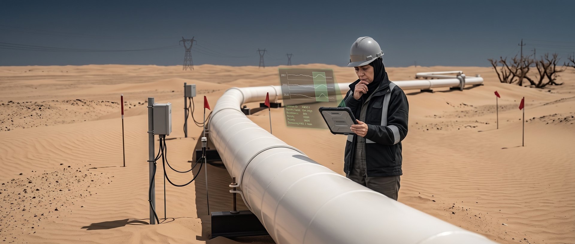 Engineer comparing cross-cycle inspection trends on a tablet beside a desert pipeline